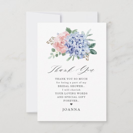 Carte De Remerciements Dusty Blue Pastel Fête des mariées hydrangée rose (Devant)