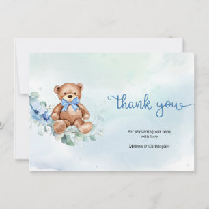 Carte De Remerciements Dusty Blue Roses et Teddy Bear Baby shower