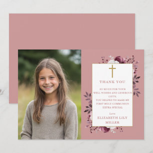 Carte De Remerciements Dusty Rose Boho Floral Photo Première Sainte Commu