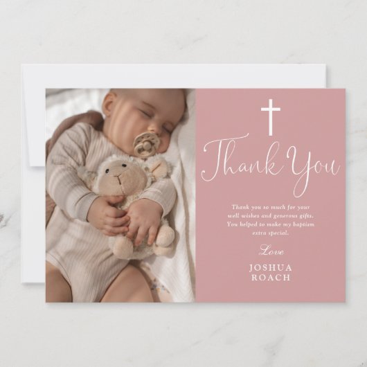 Carte De Remerciements Dusty Rose rose Élégant Script Photo Baptême (Devant)