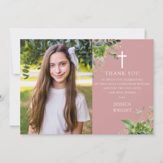 Carte De Remerciements Dusty Rose Verdure Photo Première Communion Sainte (Devant)