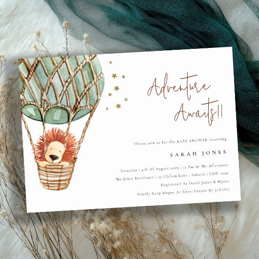 Carte De Remerciements Eco Green Hot Air Balloon Lion Baby shower Invitat