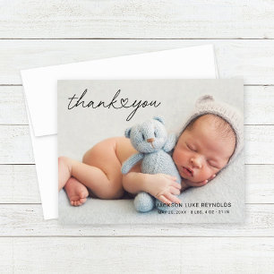 Carte De Remerciements Écriture Cœur Moderne Photo Nouveau-Né Bébé