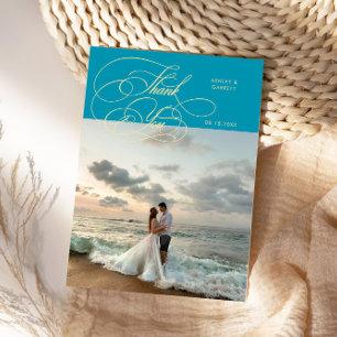 Carte De Remerciements Écriture élégante Photo de mariage Bleu Aqua