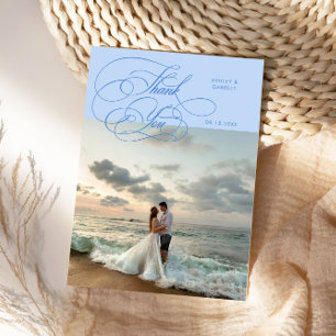 Carte De Remerciements Écriture élégante Photo de mariage Bleu glacé
