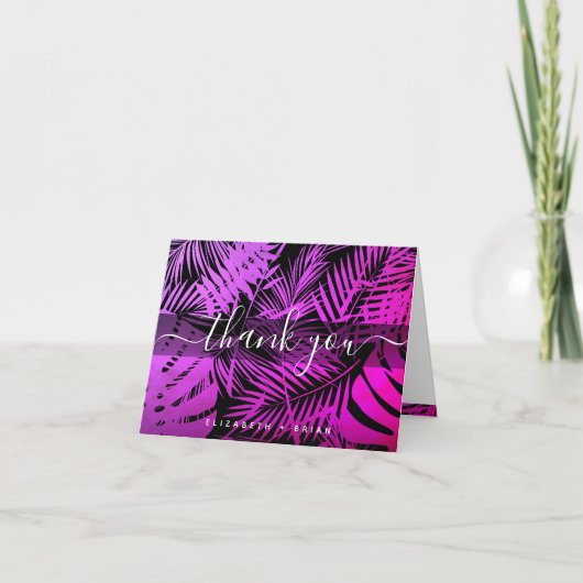 Carte De Remerciements Écriture en feuille de palme tropicale rose-chaud  (Devant)