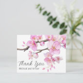 Carte De Remerciements Écriture florale rose cerisier d'aquarelle (Debout devant)