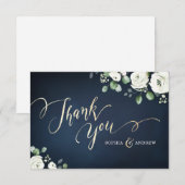 Carte De Remerciements Écriture or moderne marine bleu blanc mariage flor (Devant / Derrière)