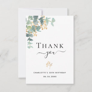 Carte De Remerciements Eeucalyptus d'anniversaire verdure or élégant scri