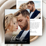 Carte De Remerciements Élégant 2 Mariage photo de script chic<br><div class="desc">Élégant Boho Moderne Calligraphie Script 2 Mariage photo Carte de remerciements. Stylish Chic mariage merci modèle avec une photo verticale complète sur le devant avec le texte "Merci" dans une main tourbillonnant fantaisie lettrage typographie script swash tail police en blanc superposition sur l'image et un côté inverse (1) photo et...</div>