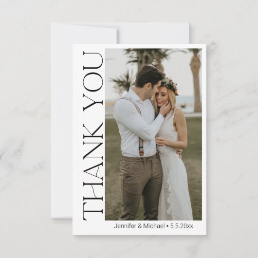 Carte De Remerciements élégant 2 photos moderne chic script mariage (Devant)