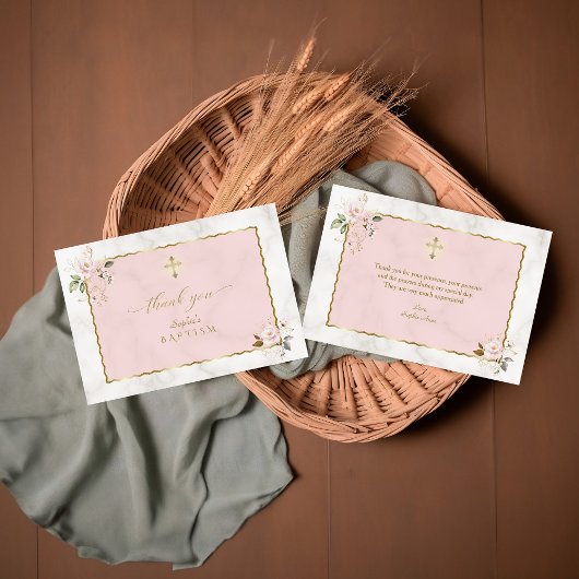 Carte De Remerciements Elégant Aquarelle Rose Or Fleurs Baptême