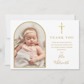 Carte De Remerciements Élégant Arc Or Photo Signature Script Baptême (Devant)