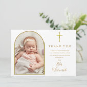 Carte De Remerciements Élégant Arc Or Photo Signature Script Baptême (Debout devant)