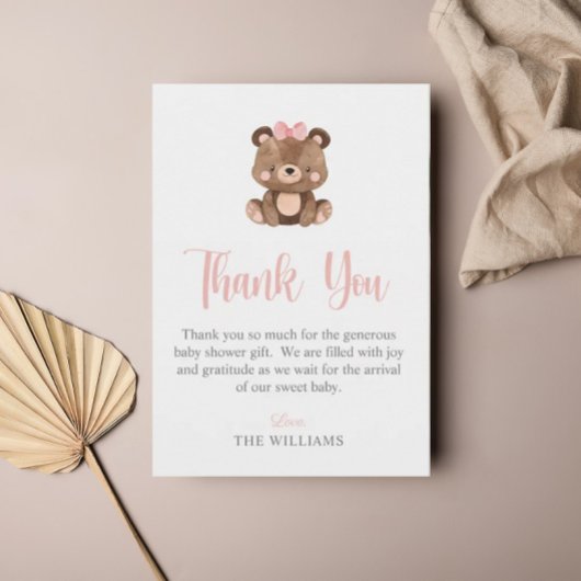 Carte De Remerciements Élégant Baby shower d'ours rose Script