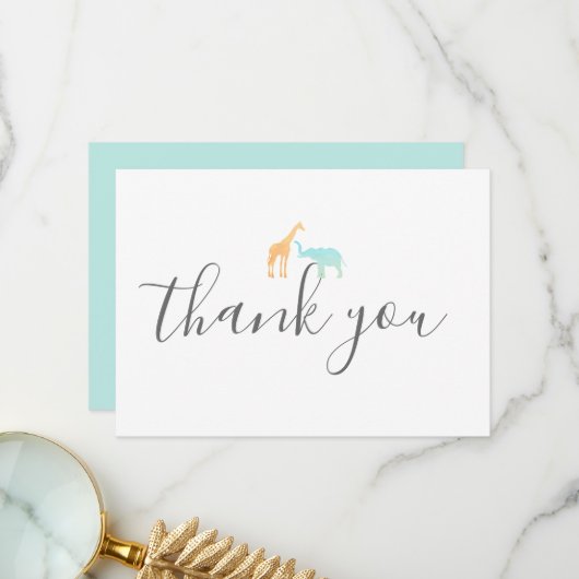 Carte De Remerciements Élégant Baby shower Eléphant Giraffe Script Modern (Devant/Arrière en situation)