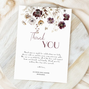 Carte De Remerciements Élégant Baby shower Fleur sauvage de Bourgogne