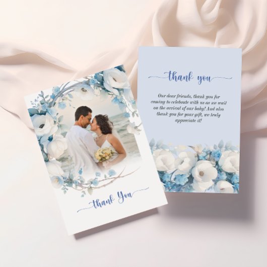 Carte De Remerciements Elégant Baby shower Floral bleu Dusty