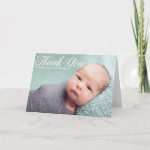 Carte De Remerciements Élégant Baptême Bébé Photo White Script Overlay