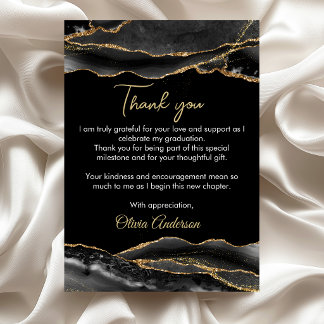 Carte De Remerciements Elegant Black and Gold Marble Graduation Thank you