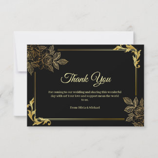 Carte De Remerciements Elegant Black and Gold Wedding 