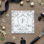 Carte De Remerciements Elégant Black Chinoiserie Bird & Crest Mariage<br><div class="desc">Venez passer une journée inoubliable grâce à notre carte de remerciements mariage de style baroque vintage et élégant, chef-d'oeuvre d'une élégance intemporelle. Doté d'une délicate bordure de chinoiserie noire française avec des fleurs d'art de ligne délicates et d'un oiseau sur un arrière - plan blanc immaculé, ce design dégage un...</div>