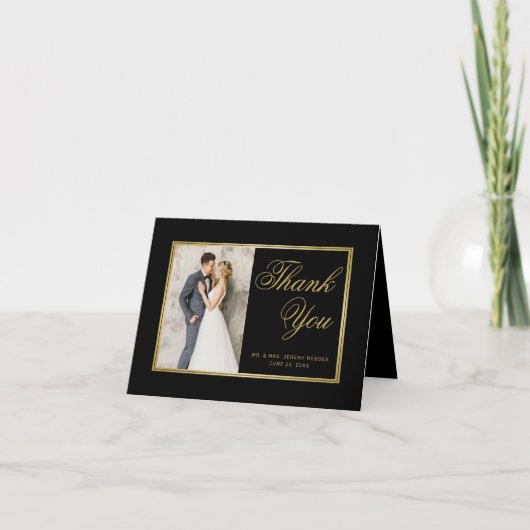 Carte De Remerciements Élégant Black Gold Script Mariage photo Coeur (Devant)