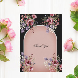 Carte De Remerciements Elegant Black & Pink Floral Thank You Card