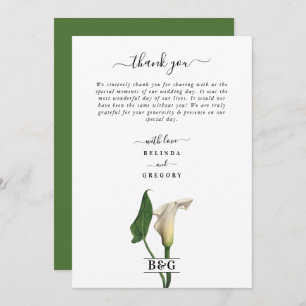 Carte De Remerciements Elégant blanc Calla Lily Vert Mariage botanique