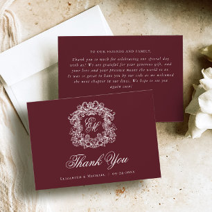 Carte De Remerciements Élégant Blason de Monogramme de Bourgogne Mariage