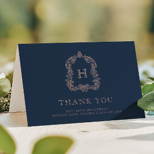 Carte De Remerciements Élégant Blason Monogramme Bleu Nuit Rose Diplômé
