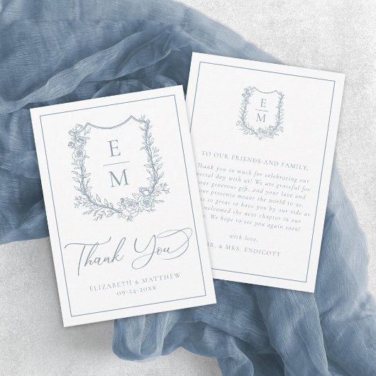 Carte De Remerciements Elégant bleu bleu floral Crest Mariage