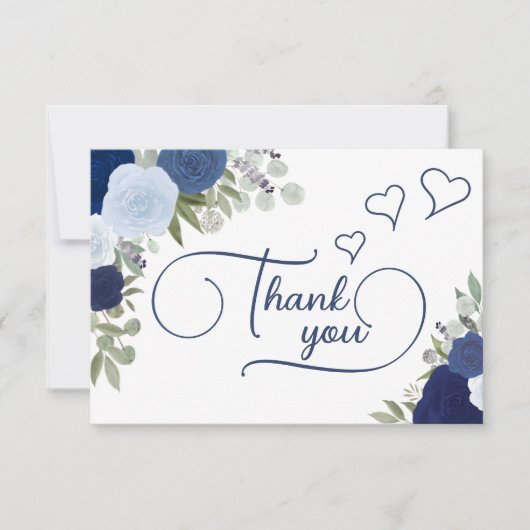 Carte De Remerciements Élégant Bleu Bohème Chic Roses Fête de Mariage (Devant)