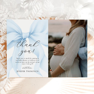 Carte De Remerciements Elégant bleu Coquette Bow Girl Baby shower photo
