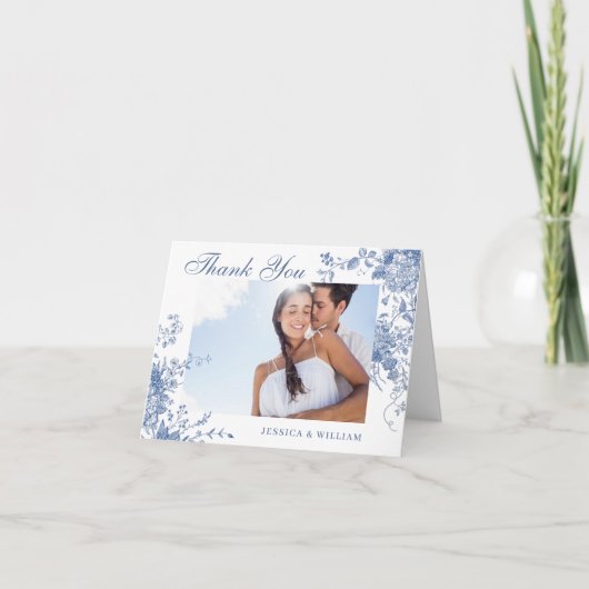 Carte De Remerciements Elégant Bleu Fleurs de Jardin Français Mariage Pho (Devant)