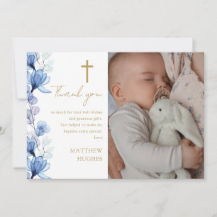 Carte De Remerciements Élégant bleu floral photo Baptême Christening