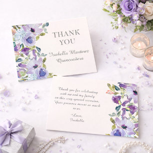 Carte De Remerciements Élégant bleu lilas floral horizontal Quinceañera