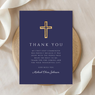 Carte De Remerciements Elégant bleu marine Croix religieuse Première comm