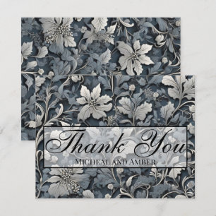 Carte De Remerciements Élégant bleu poussiéreux floral gris argenté blanc