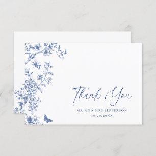 Carte De Remerciements Elégant Bleu Rose Jardin Floral Mariage