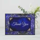 Carte De Remerciements Elégant bleu royal floral faux argent (Debout devant)
