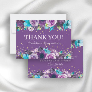 Carte De Remerciements Elégant bleu violet Floral Quinceañera Anniversair