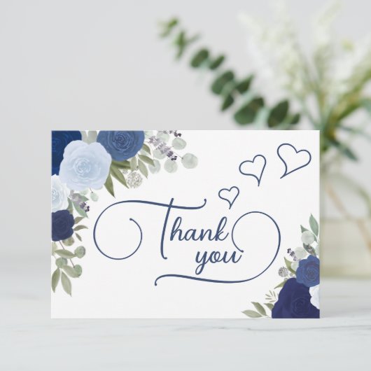 Carte De Remerciements Elegant Blue Boho Chic Roses Fête de Mariage (Debout devant)