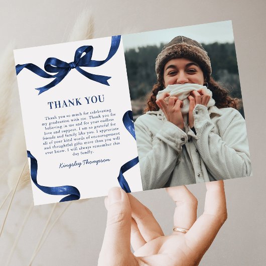 Carte De Remerciements Elegant Blue Bow Graduation Photo
