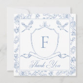Carte De Remerciements Elégant Blue Chinoiserie Bird & Crest Mariage (Devant)