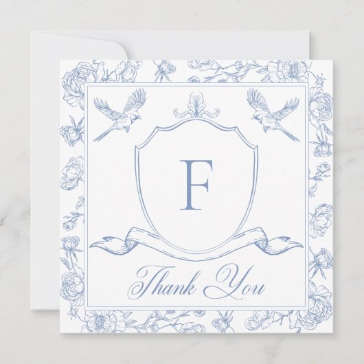 Carte De Remerciements Elégant Blue Chinoiserie Bird & Crest Mariage (Devant)