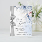 Carte De Remerciements Elegant Blue Floral Save The Date Card with Silver (Debout devant)