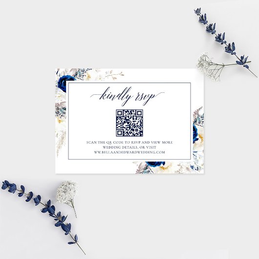 Carte De Remerciements Elegant Blue Mariage Website RSVP QR Code Card