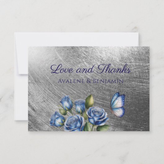 Carte De Remerciements Elegant Blue Roses Butterfly Silver Wedding (Devant)