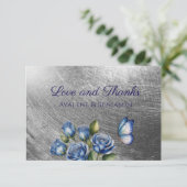 Carte De Remerciements Elegant Blue Roses Butterfly Silver Wedding (Debout devant)